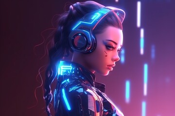 Wall Mural - Illustration of a cyborg woman and Ai technology background , AI Generated.