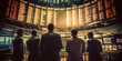 © paffy - Businessmen watching the large stock exchange monitor Stock Exchange, back view. AI generative