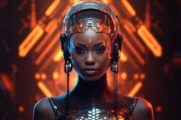 Wall Mural - Illustration of a cyborg woman and Ai technology background , AI Generated.