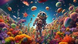 Fototapeta Do akwarium - Astronaut in the midst of a surreal space landscape, where heavenly bodies take the form of giant fruits, bright flowers. Generative ai.