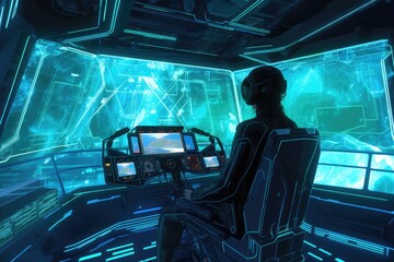 Wall Mural - alien piloting high-tech spacecraft, commuting to distant colony, created with generative ai