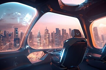 Wall Mural - aliens traveling in flying vehicle of the future, with the view of futuristic city visible through w