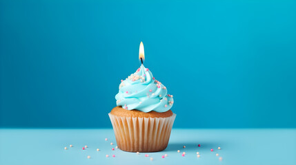 Wall Mural - cupcake with candles on blue background created with Generative AI