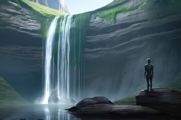 Poster - alien admiring view of majestic waterfall, with its futuristic technology in the background, created