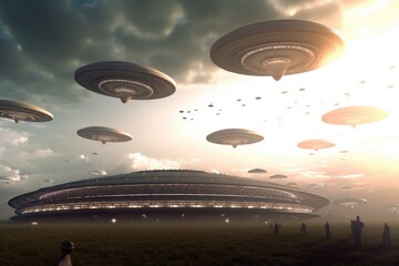 Wall Mural - ufo fleet hovering above planet, with their occupants taking part in sporting events, created with g