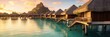 luxury iconic overwater bungalows. Capture the idyllic setting with an architectural  Generative Ai Digital Illustration