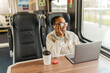 © Jelena Stanojkovic - Businesswoman sitting in train commuting to work looking out of window. enjoying the view.
