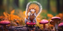 Squirrel In The Mushroom Autumn Forest