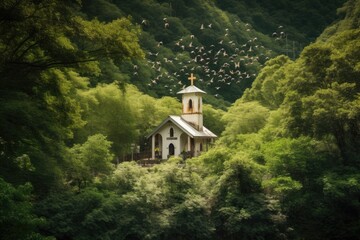 Sticker - peaceful mountain chapel, surrounded by lush greenery, and birds singing in the trees, created with generative ai