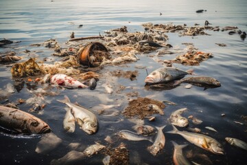 Wall Mural - chemical waste spill in the ocean, with dead fish and crabs floating on the surface, created with generative ai