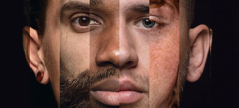 Male face made from different portrait of men of diverse age and race. Combination of faces. Seriousness and concentration. Concept of social equality, human rights, freedom, diversity, acceptance