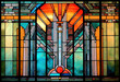 Geometric Art Deco style stained glass window in many colors. Generative AI.