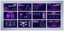 Cybersecurity Presentation Templates Set. Cybercrime Prevention. Security Awareness. Ready Made PPT Slides On Purple Background. Graphic Design. Roboto Light, Bebas Neue, Audiowide Fonts Used
