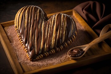 Wall Mural - heart-shaped churro drizzled with chocolate and sprinkled with peanuts, created with generative ai