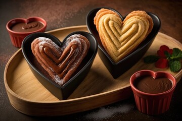 Poster - heart-shaped churros served in pairs, with chocolate dipping sauce, created with generative ai