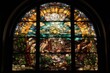 stained glass window, with the sun shining through, illuminating mosaic scene, created with generative ai