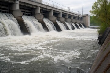 Wall Mural - hydroelectric power plant, with water cascading down the turbines, producing electricity, created with generative ai