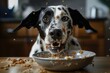 close-up of a dog eating from its bowl, with drool and crumbs flying everywhere, created with generative ai