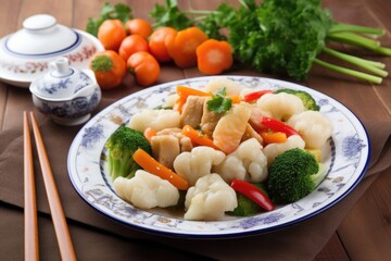 Wall Mural - plate of authentic chinese cuisine, with steamed dumplings and stir-fried vegetables, created with generative ai