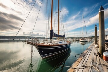 Sticker - sailboat, resting on the water with sails furled, in tranquil marina, created with generative ai