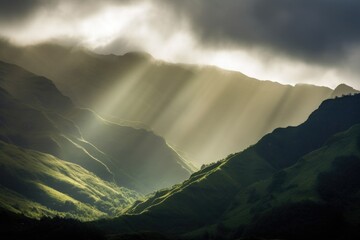 Poster - serene mountain range, with misty clouds and rays of sunlight peeking through, created with generative ai