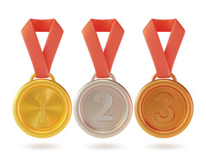 Wall Mural - 3d Different Types Medal Set Cartoon Style. Vector illustration of Gold, Silver and Bronze Sports Medals