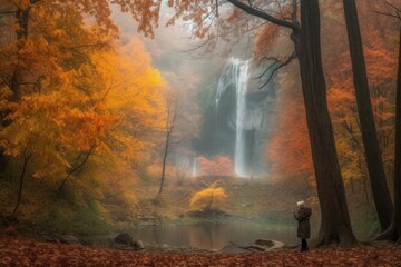 Wall Mural - autumn forest with misty waterfall and person enjoying nature escape, created with generative ai