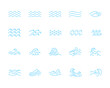 Different Types Water Wave Blue Thin Line Icon Set. Vector illustration of Sea and Ocean Surf Borders