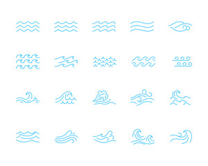 different types water wave blue thin line icon set. vector illustration of sea and ocean surf border