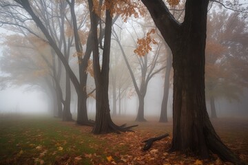 Poster - misty morning, with leaves starting to fall from the trees, created with generative ai