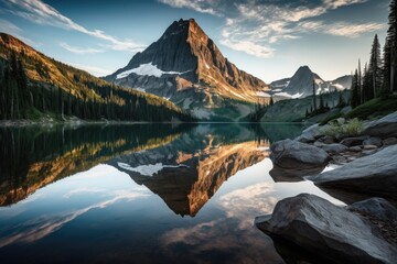 Poster - majestic mountain range in the background, with lake reflecting its beauty, created with generative ai