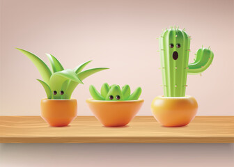 Sticker - 3d Character Mascot Houseplant Set Cartoon Style Include of Succulent and Cactus. Vector illustration of Cute Green House Plant