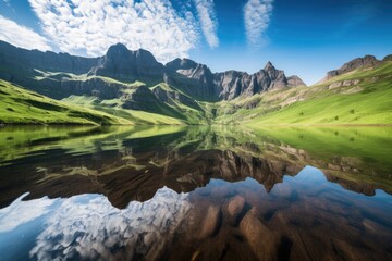 Wall Mural - reflections of towering mountains in the lake, with water and sky in perfect harmony, created with generative ai