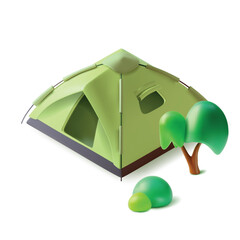 Sticker - 3d Green Camping Tent Textile with Tree and Bush Cartoon Style Isolated on a White Background. Vector illustration