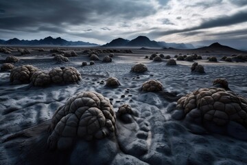 Poster - scientists exploring alien landscape with strange life forms visible in the distance, created with g