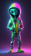 Alien rapper urban comics character, 3d, full size standing in urban wardrobe