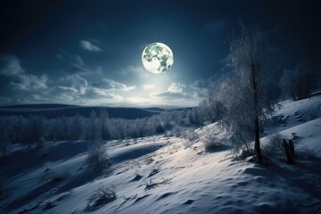 Sticker - full moon shining over snowy landscape, created with generative ai