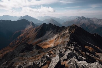 Sticker - panoramic view of majestic alpine range, with distant snowy peaks visible, created with generative ai