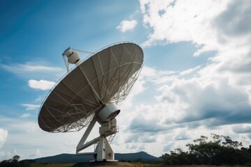 Poster - close-up of satellite dish, with the blue sky and clouds visible in the background, created with generative ai