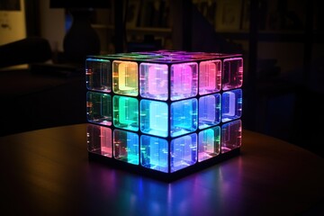 Sticker - smart lighting system illuminating glass cube with changing colors, created with generative ai