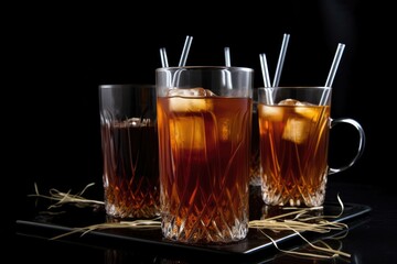 Wall Mural - glasses of iced tea and coffee, with straws and stirrers on black background, created with generative ai