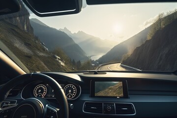 Wall Mural - connected car, driving on winding mountain road, with view of scenic landscape in the background, cr