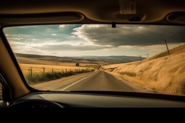 Canvas Print - big window, view of the countryside, and open road on the journey #travel #vacation, created with generative ai