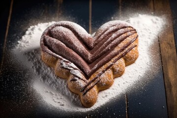 Sticker - heart-shaped churros with a drizzle of chocolate and sprinkling of powdered sugar, created with generative ai