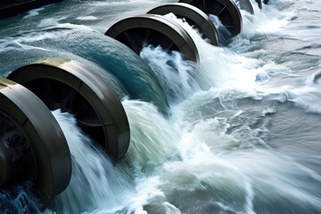 Wall Mural - close-up of hydroelectric power plant's water turbines in motion, created with generative ai