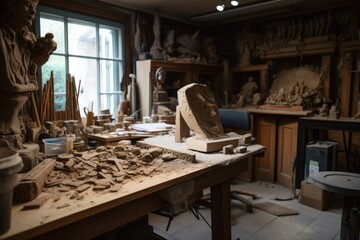 Canvas Print - sculptor's workshop, with tools, materials and half-finished work on display, created with generative ai