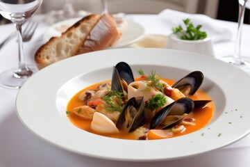 classic french dishes, like bouillabaisse and cassoulet, on a white plate, created with generative ai