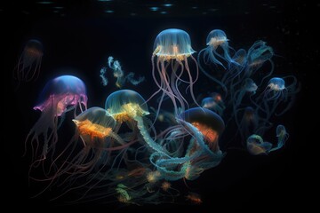 Wall Mural - deep-sea creatures racing each other in a display of bioluminescence, created with generative ai