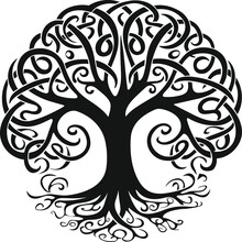 Tree Of Life,  Irish Celtic Symbol Tree Silhouette, Black Vector Isolated On White Background, Pattern, Tattoo, Tribal Irish St Patrick's Day, Irish And Scottish Carving Art