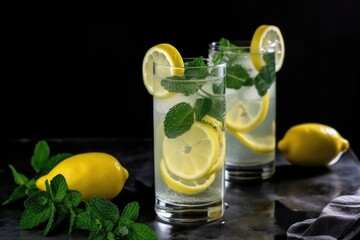 Canvas Print - refreshing ice-cold glass of lemonade, garnished with slice of lemon and sprig of mint, created with generative ai